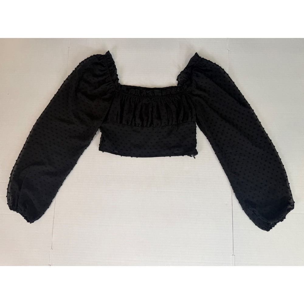 Forever 21 Black Swiss Dot Square Neck Balloon Sleeve Crop Top Medium